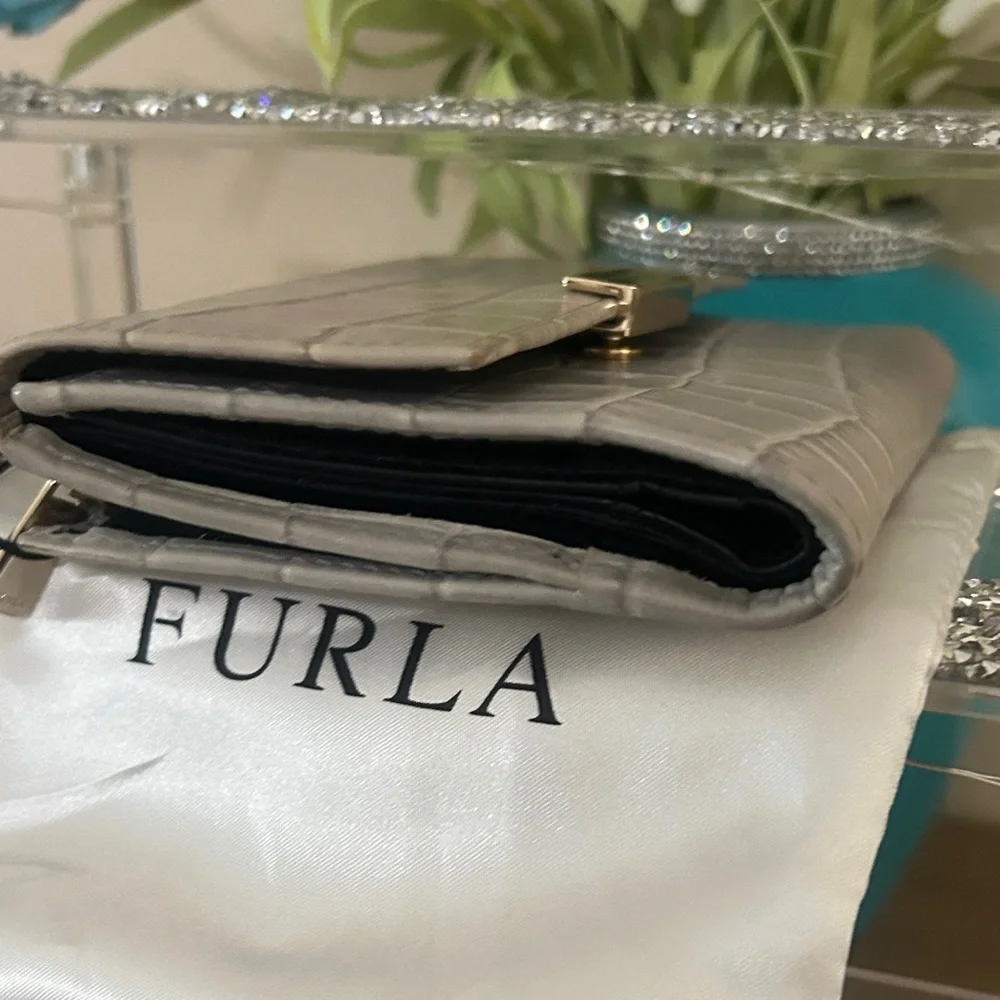 FURLA Light Gray Croc-Embossed Wallet With Dust Bag NWT